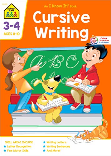 School Zone - Cursive Writing Workbook - 32 Pages. Ages 8 to 10. 3rd Grade. 4th Grade. Practice Handwriting. Tracing. Letters. Words. Sentences. and